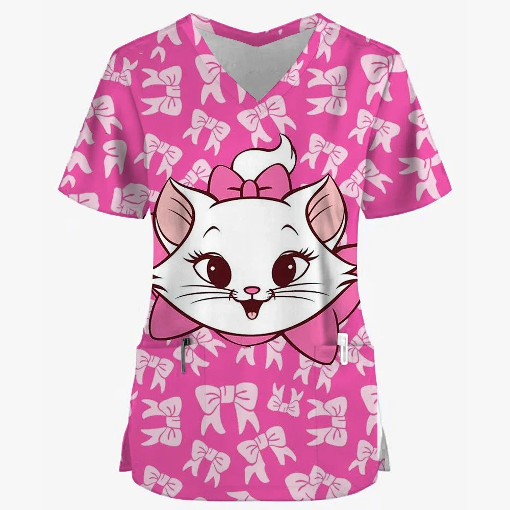 Veterinary Dental Work Uniforms Disney Pet Mary Cat Print Short Sleeved Shirt Nursing Beauty Salon Clothing Women Scrub Cute