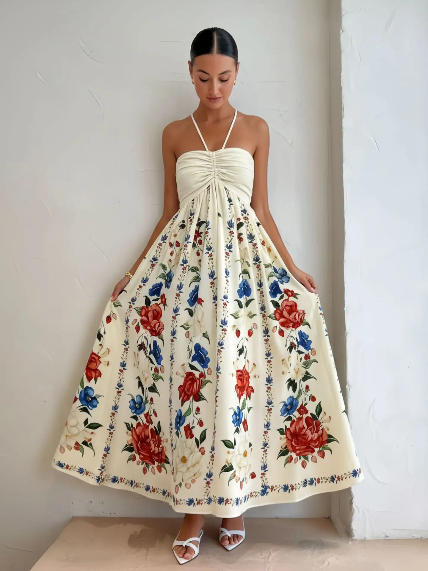 Sexy Lace up Neck Print Dress Elegant High Waist Long A-Line Skirt Dress Floral Patterned Backless Dress for Date And Daily Wear