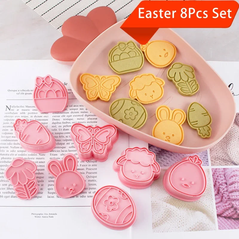 8Pcs Cartoon Bunny Easter Biscuit Mold 3D Cookie Push-type Cutter Mould Fondant Frosting Icing Cake Decor Baking Mold Bun Tools