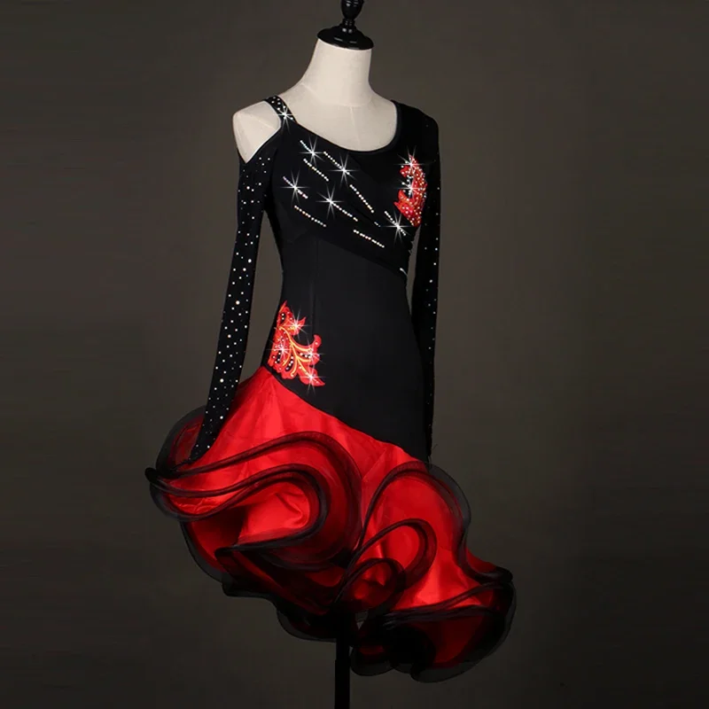 2026 Red Latin Dance Competition Costume Sexy New Adult Wear Women Midi Dress Ballroom Clothes Girl Sport Party Skirt Customized