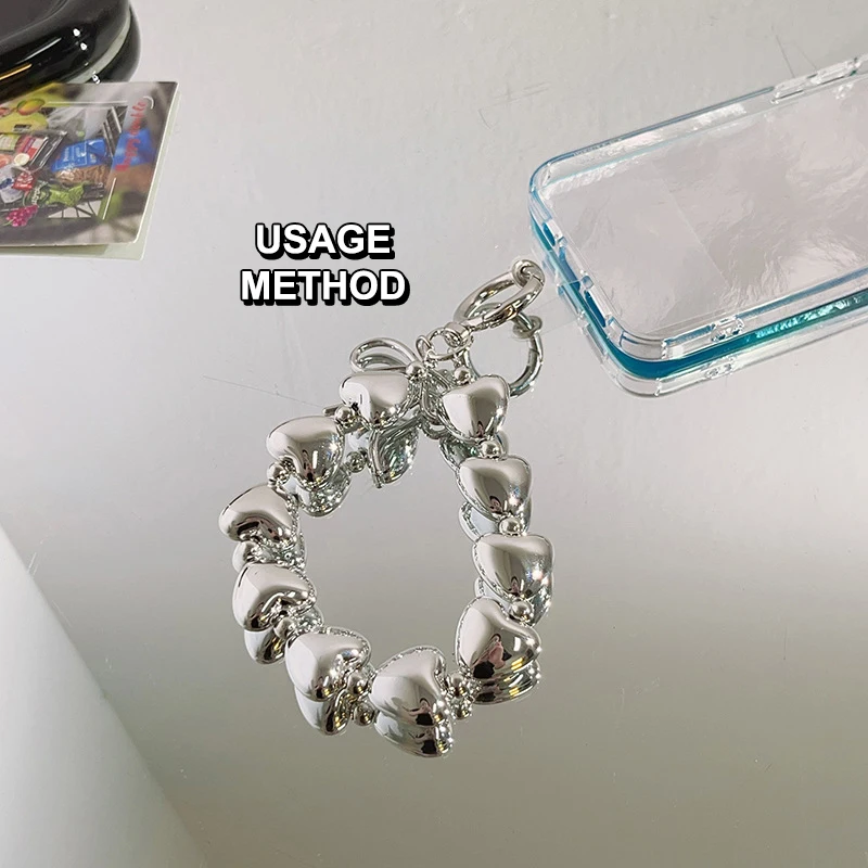 Fashion Love Heart Beaded Phone Lanyard Simple Silver Color Phone Chain Keyring Anti-Lost Phone Strap Wristband Camera Pendant