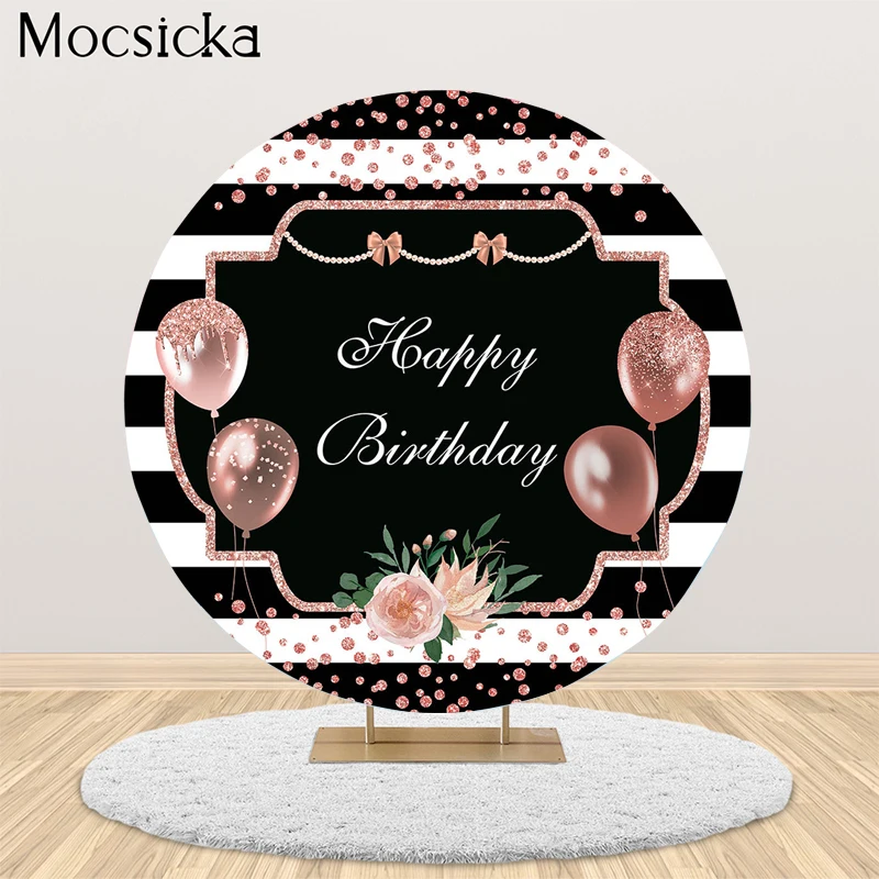 Mocsicka Feliz Aniversário Fundo Redondo Listrado Balões Decoração Menina Espumante Festa De Aniversário Estúdio Fotografia Props