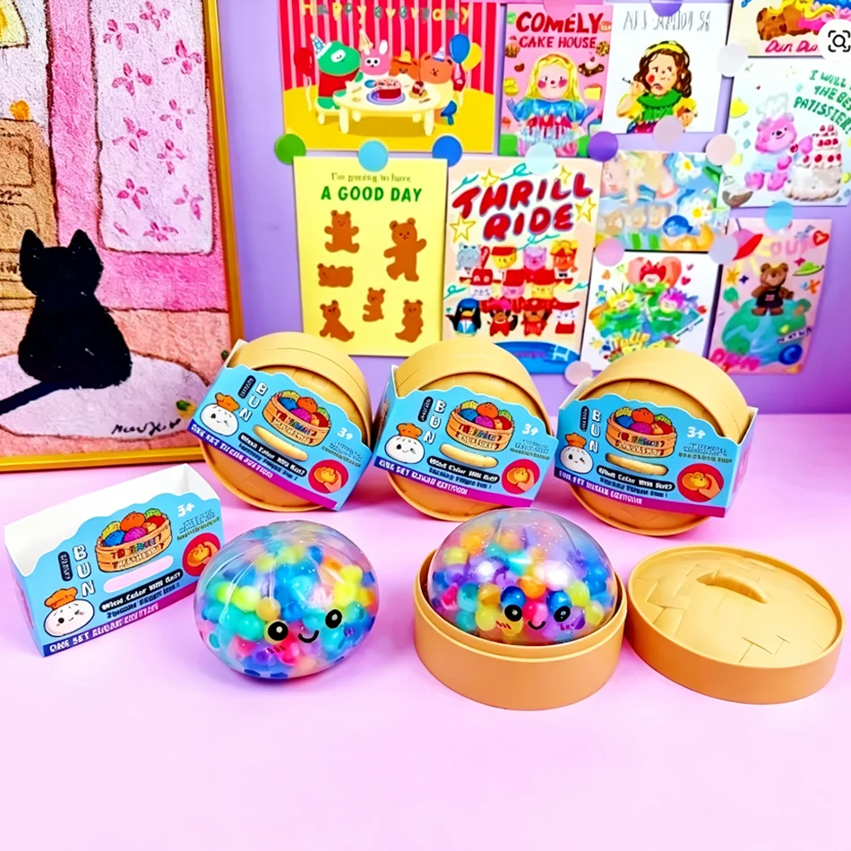 Hot 1-12pcs Colorful Bubble Dumpling Squeeze with Steamer Soft TPR Dough Ball Decompression Fidget Toy Funny Creative Bun Gifts