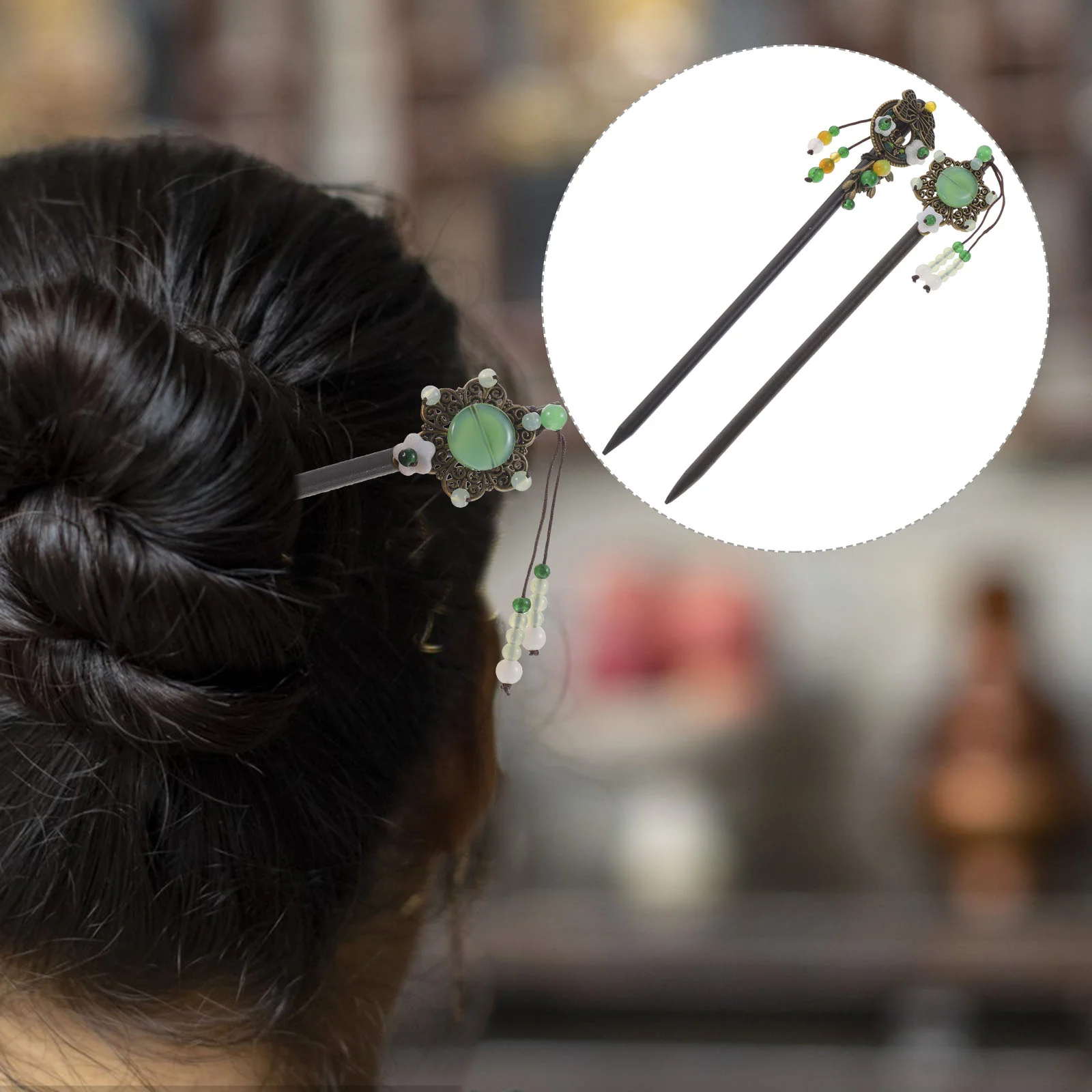 Vintage Bridal Hairpin Chopsticks para Mulheres, Acessórios de Cabelo, Stick Bun Chapelaria, Tassel Chopstick, Madeira Metal, Casamento, 2 Pcs