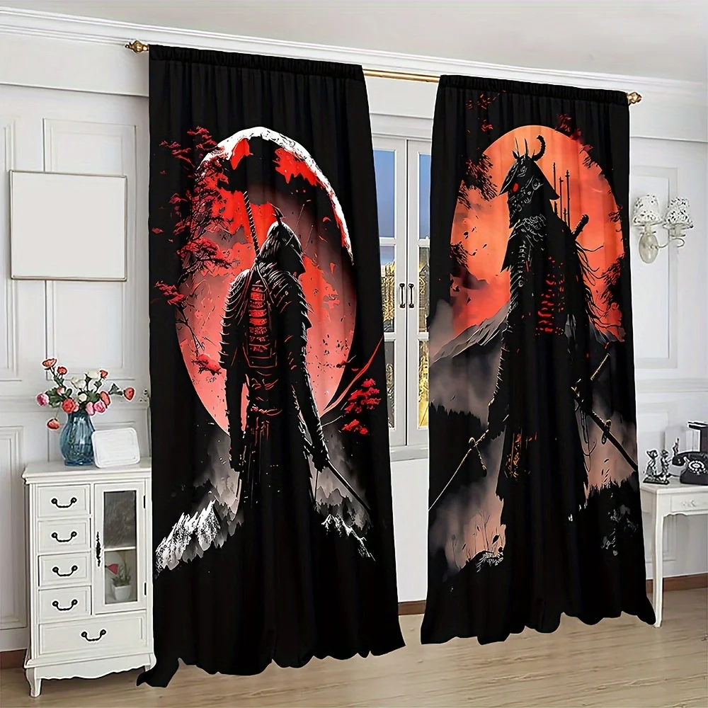 Samurai Warrior Curtain Japanese Armor Red Moon Print Drape Oriental Fantasy Window Treatment for Living Room Bedroom Home Decor