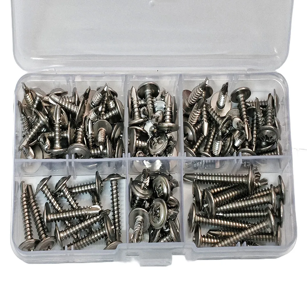 100-Piece 410 Stainless Steel Improved Socket-Head Metal Self-Tapping Screw Set, Stainless Steel Drilling Screws, Suitable for M