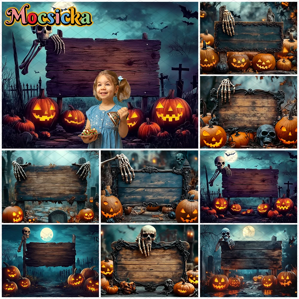 Mocsicka ハロウィン写真背景撮影プロップカスタマイズされた木板スケルトンジャックオーランタンパーティー装飾背景写真撮影