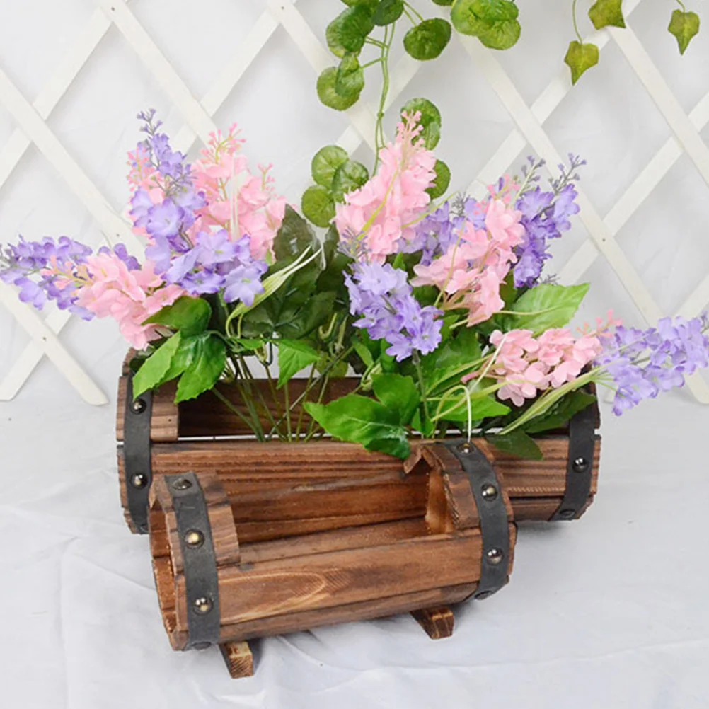 2 PCS/Set Solid Wood Flowerpot Plants Garden Ornaments Half Barrel Planter Rustic Wooden Carbonized Container for