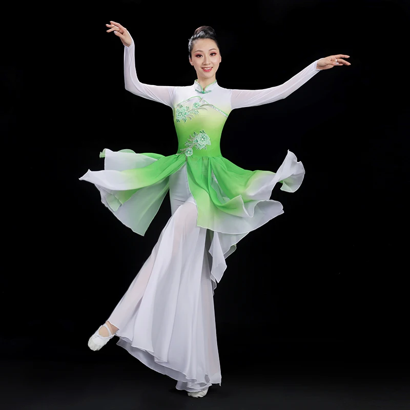 Green Yangko Costume Women Long Dress Shirt Skirt Pant Flowy Elegant Chinese Traditional Folk Dance Hanfu Square Dancer Show New