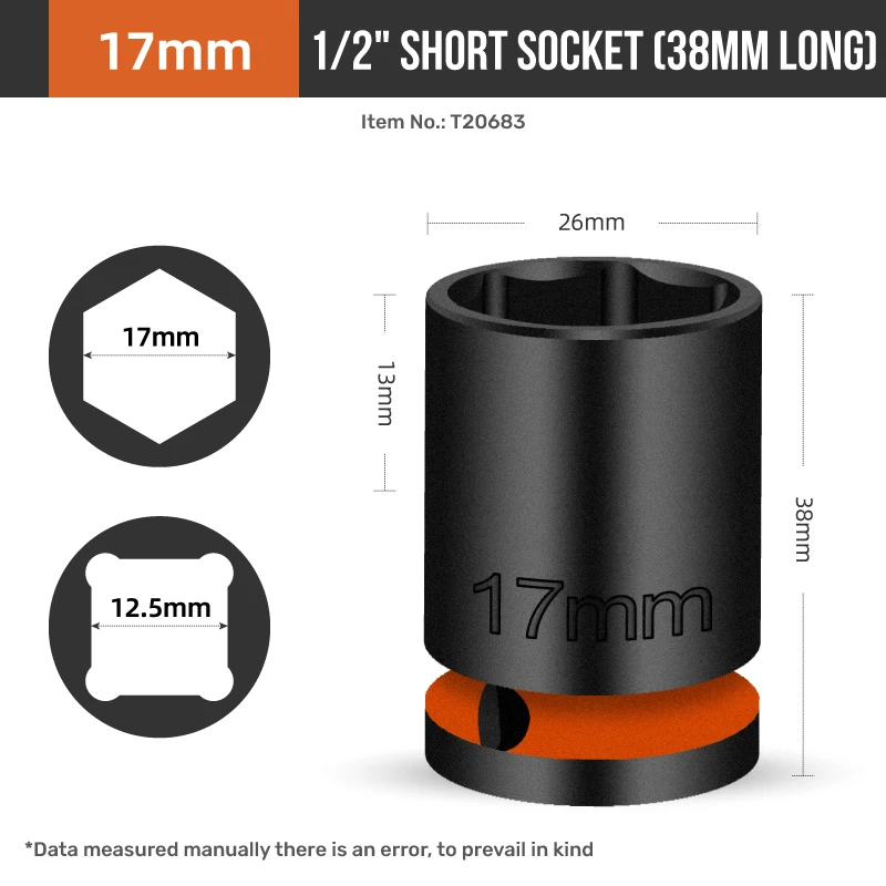 Hi-Spec 1/2 Inch Short Pneumatic Socket Set 38mm - Impact Grade, Universal Joint, Cr-V Steel, 1/2-Inch Drive 8mm-21mm