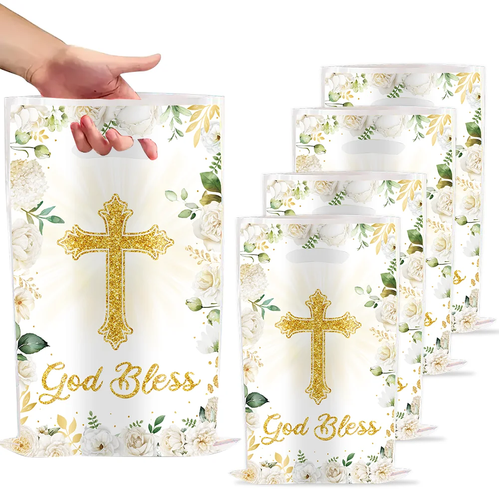 Bolsa de regalo de fiesta con cruz de flores para bautismo y comunión, recuerdos de fiesta de comunión, galletas de Chocolate, bolsas de dulces para decoración de cumpleaños para niños