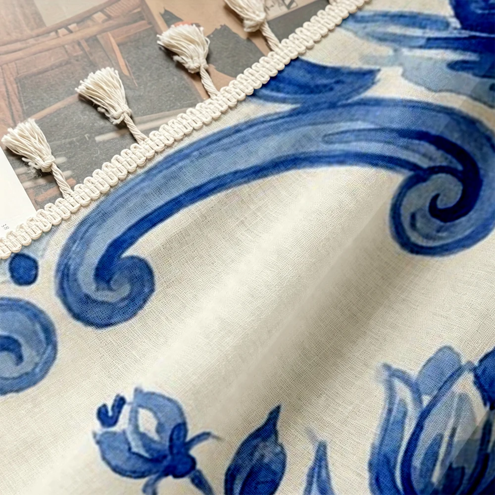 1PC Vintage Tassel Sheer Curtains, Blue Rose Windmill, Digital Print, Linen Polyester, Bedroom Living Room, Home Decor