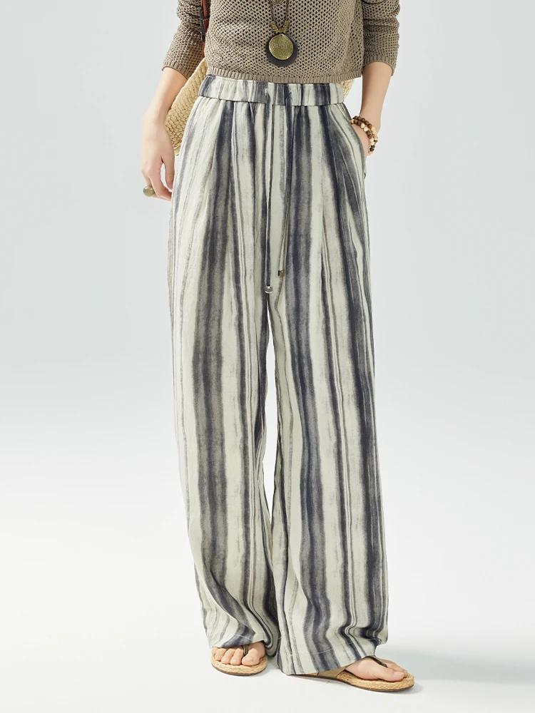 

MeiYang Linen Casual Pants Straight Leg Ink Print High Waist Loose Fit Long Pants Summer 2025 Faion Simple Sle Versatile