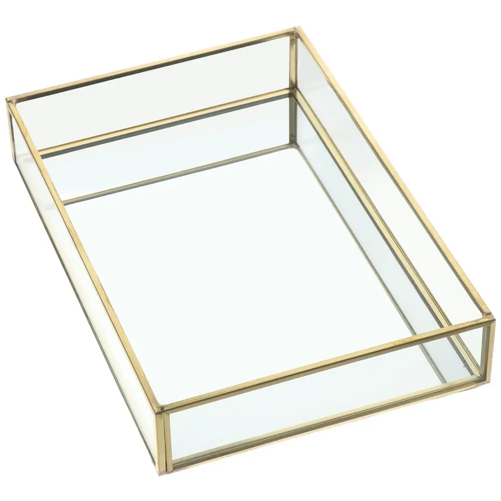 Glass Decorative Tray Easy-to-clean 7.87*5.5*1.38 Inch Gold Rectangle Mirror Decorative Tray Vintage Jewelry Tray Office