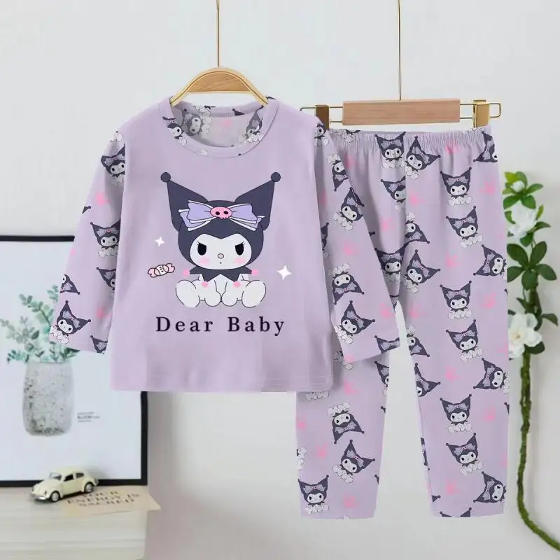 Sanrio-pijamas de manga larga para niñas, ropa de casa con cuello redondo, con dibujos animados de Hello Kitty, para regalo