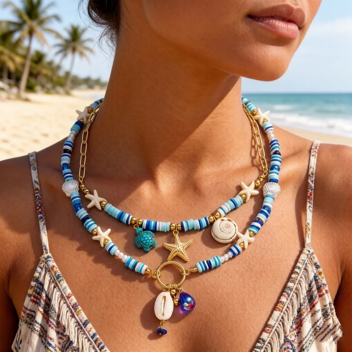 Halskette mit Seestern, Muschel, Schildkröte und Quaste aus Kunstharz für Damen und Herren, doppellagig, blau, aus weicher Tonperlen, Sommer-Strandschmuck – Detail 6