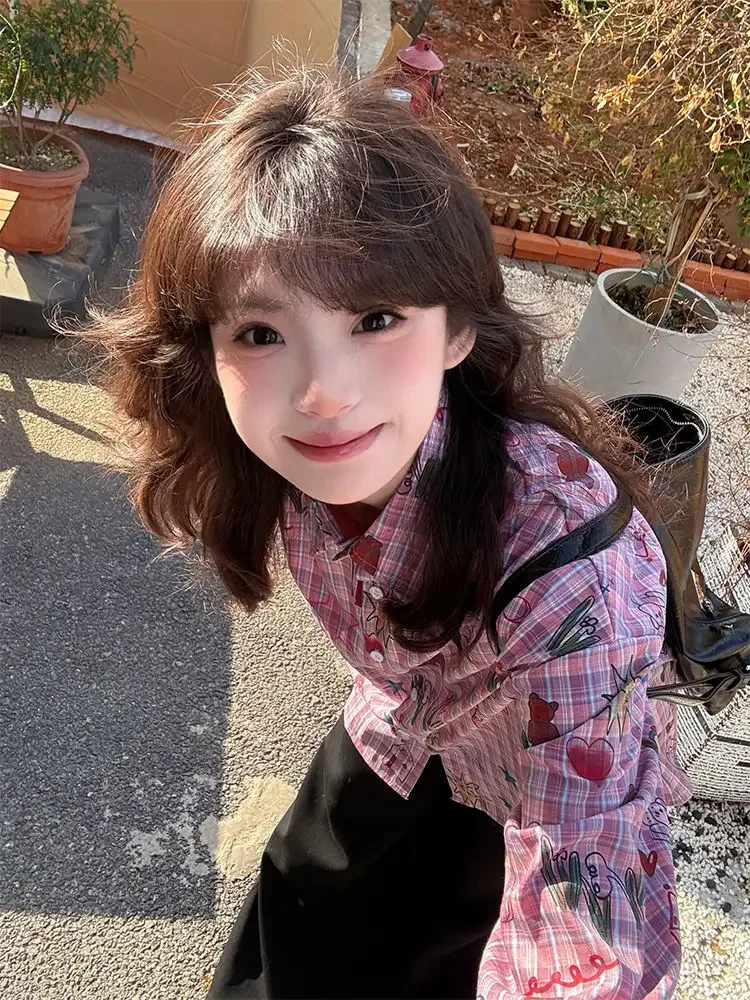 

Super White Acridine!!! [Graffiti Full Print] Japanese Sweet Plaid Lapel Shirt Women's INS Spring Korean Version Shirt