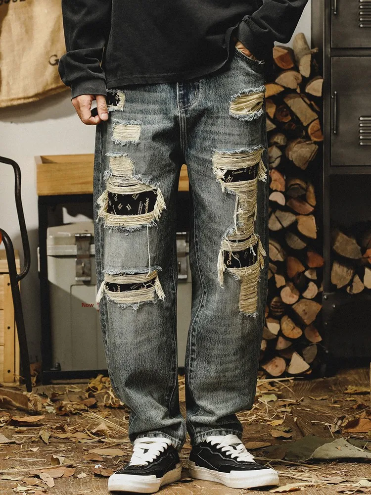 

Jerry American Retro High Street Men's Loose Straight Leg Jeans Street Sle Heavy Du Hole Patch Poor Devil Pants