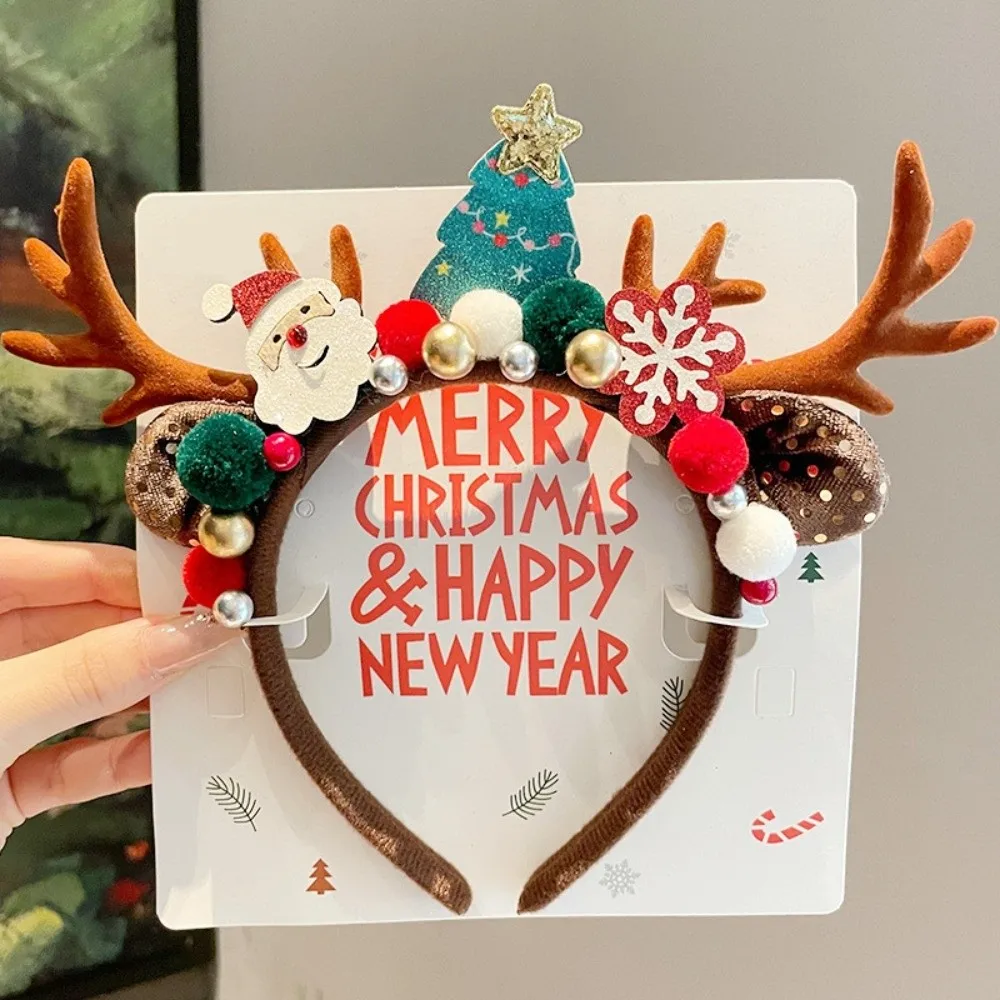 Cute Red Velvet Antler Hairband Snowflake Berry Christmas Reindeer Headband Lightweight Velvet Bow Holiday Headwear Winter