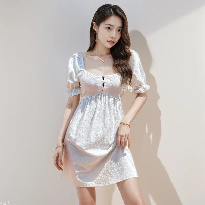 

YQ1-Women's Square Neck Puff Sleeve Waist-Cinching Short SleeveAWord Skirt Dress Pastoral Vacation Beach Dress
