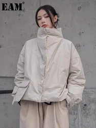 [EAM] abrigo acolchado de algodón cálido de talla grande color albaricoque, Parkas holgadas de manga larga para mujer, moda de tendencia, nuevo Otoño Invierno 2024 1DF2663