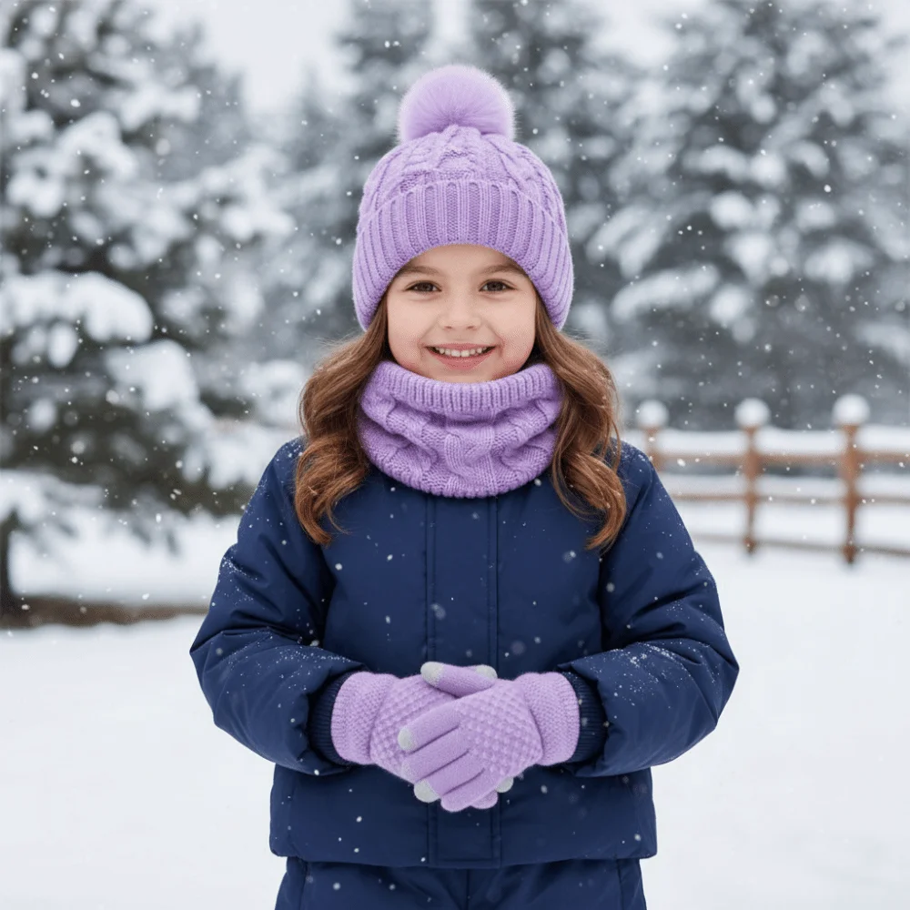 

Soft Solid Color Baby Hat Scarf Gloves Set Warm Ears Thickened Toddler Knitted Hats Keep Warm Cute Pompom Hat Set Outdoor