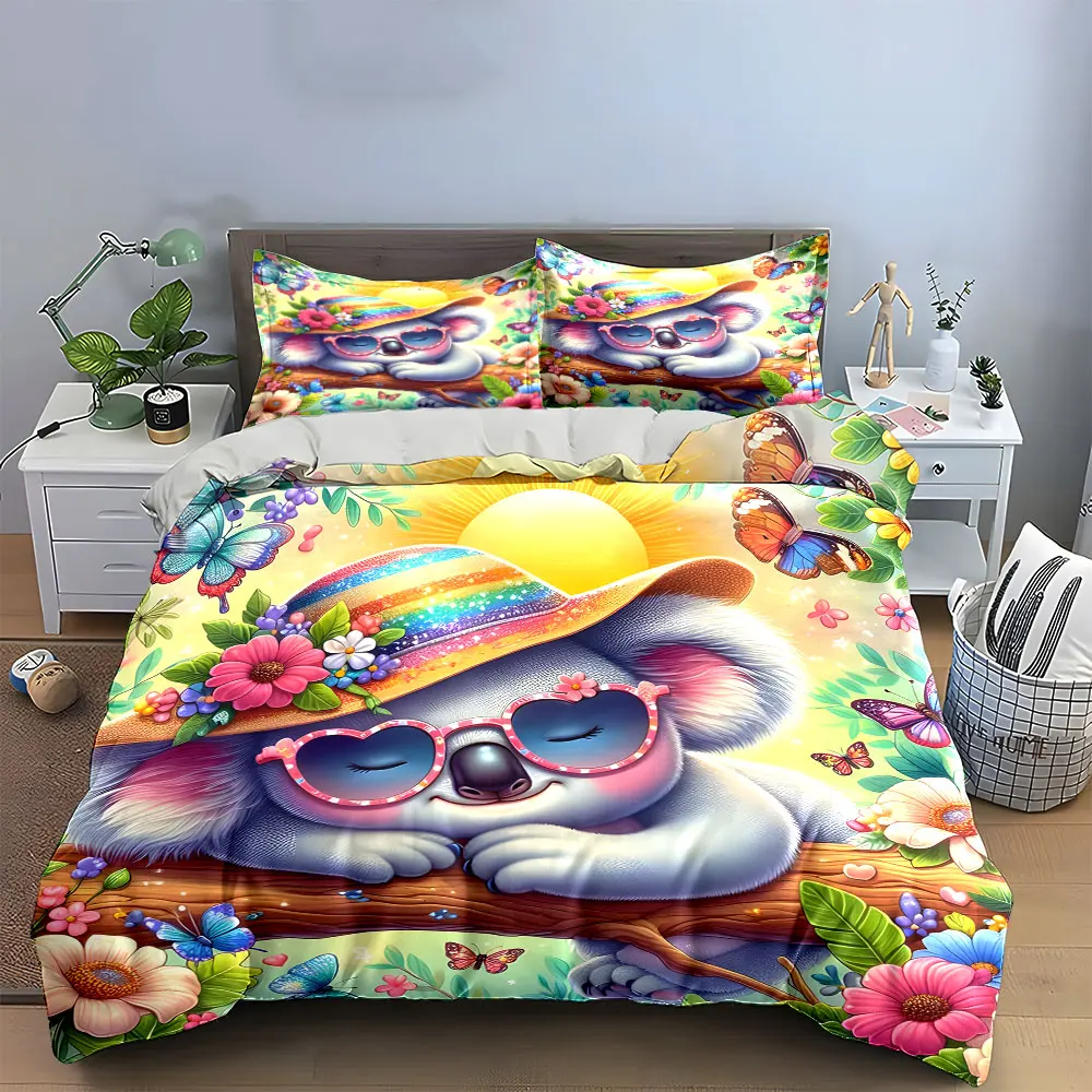 

Cute Summer Koala Bedding Set,Adorable Koala with Rainbow Hat and Sunglasses Print Duvet Cover+2 Pillowcases,Kids Floral Decor