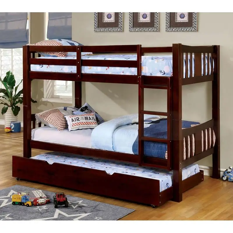 سرير مزدوج بطابقين انتقالية، لمسة نهائية من خشب الجوز الداكن، سلم مرفق، قضبان، هيكل مفصل قفل، دولاب غير متضمن
