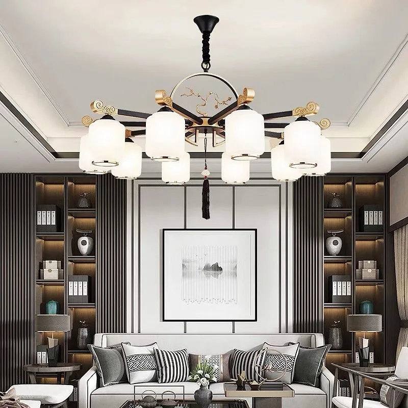New Chinese Zen Chandelier Living Dining Room Bedroom Pendant Lights Villa Duplex White Glass Hanging Lamps Home Decor Lighting