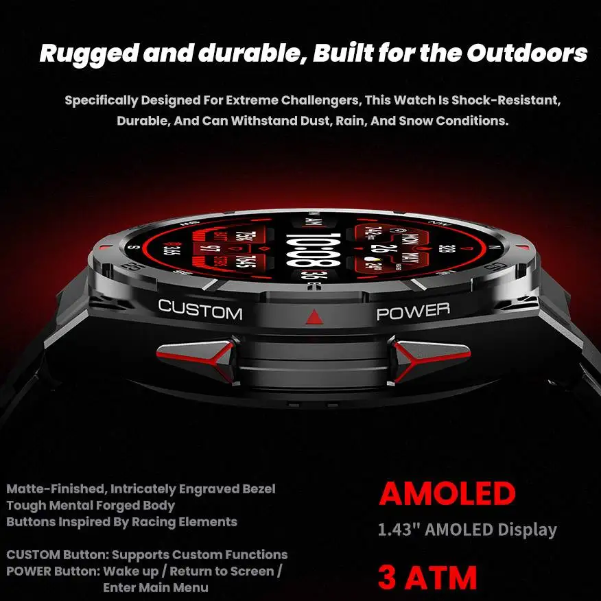 LEADOYS AMOLED ساعة ذكية مع بوصلة رياضية GPS الارتفاع ضغط الهواء بلوتوث دعوة 3ATM مقاوم للماء الصحة المقتفي 480mAh Bat