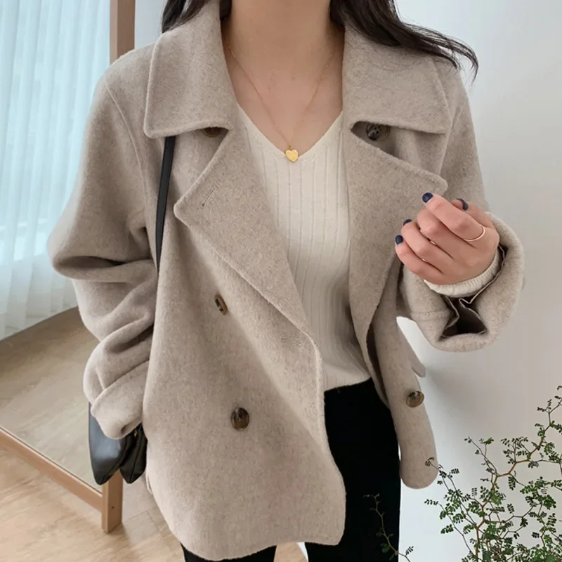 

French Style Elegantsuit Collar Double Row Button2025 Autumn/Winter Loose-Fit Casual Long Sleeve Warm Woolen Jacket