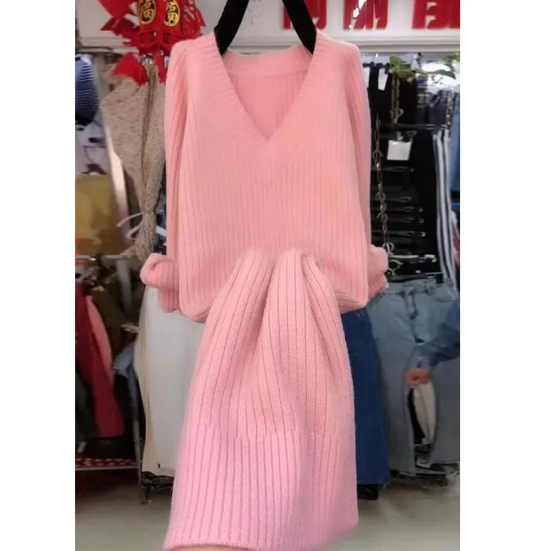 2025年 女性用 大きいサイズ 5XL ニットワンピース 秋 レディース ゆったり Vネック ニットドレス 韓国風 ハイエンド プルオーバー ニットワンピース