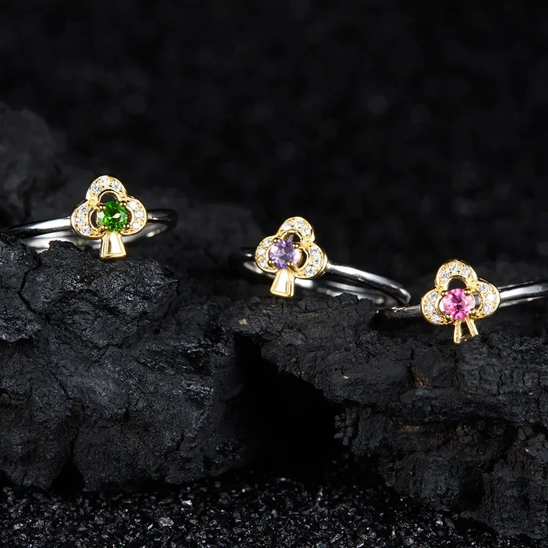 Multi-colored treasure ring s925 sterling silver inlaid with natural powder topaz diopside gemstone ring female Internet