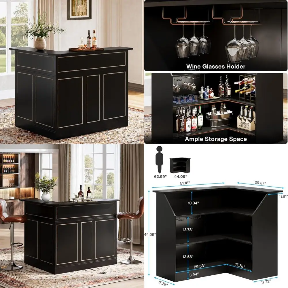 

Современный 4-уровневый L-образный барный шкаф с держателем для бокалов, гладкое черное покрытие