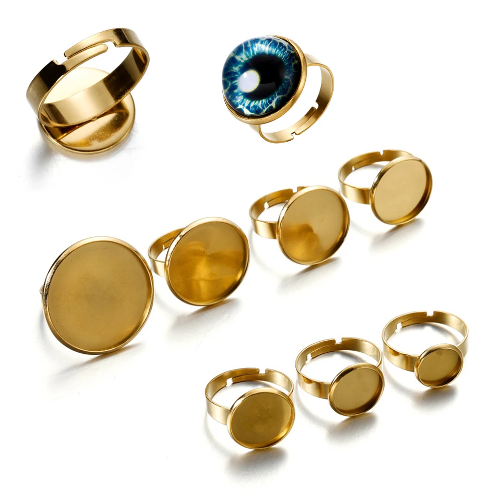 10 Stück Edelstahl Verstellbare Blanko-Ringbasis Glas-Cabochon-Einsatz für DIY Schmuckherstellung Ringzubehör Großhandel