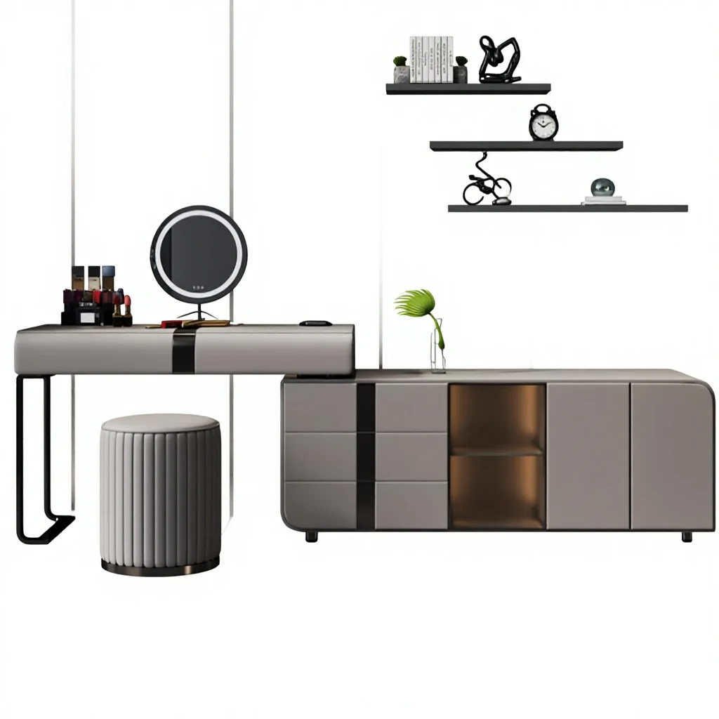%Factory-Direct Modern Solid Oak Wood Bedroom Vanity Sets with Adjustable LED Lighted Mirror Storage Leather Handles & Stool