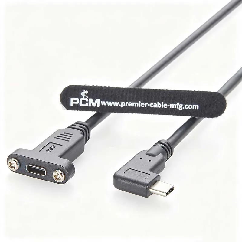 USB 3.1 Type-C Right-Angle Panel-Mount Extension Cable, Male-to-Female High-Speed Data Connection with Screw Mounting