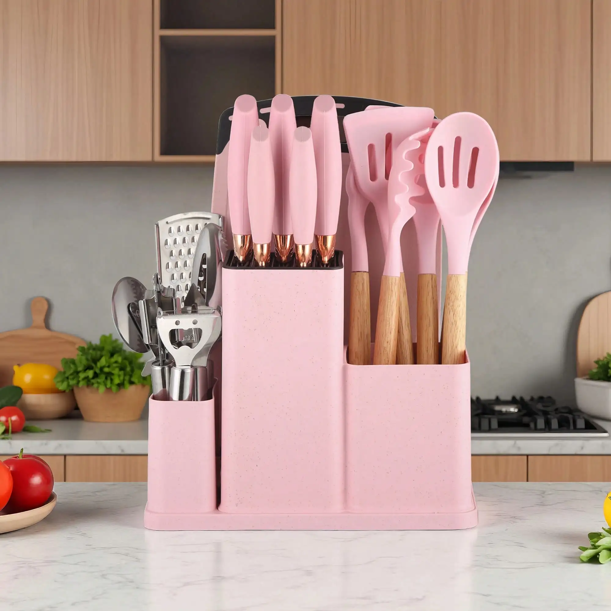 Silicone Cooking Utensils Modern Cute Pink Silicone Natural Wooden Handle 14 Pcs Kitchen Gadgets Tools Set Stainless Steel Accessories With Cutting Board Holder Rack Non Scratch For Nonstick Pots Pans Cooking