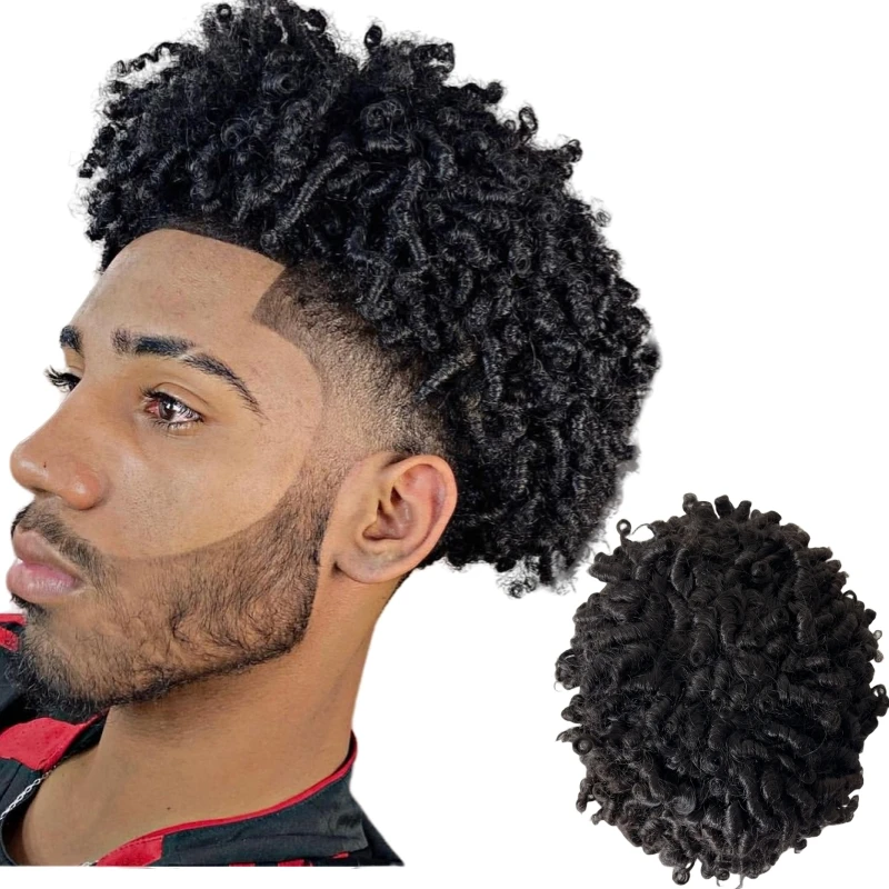 

Indian Virgin Human Hair Systems #1b Natural Black 15mm Curl Full Silk Around PU Toupee 8x10 Male Unit for Black Men