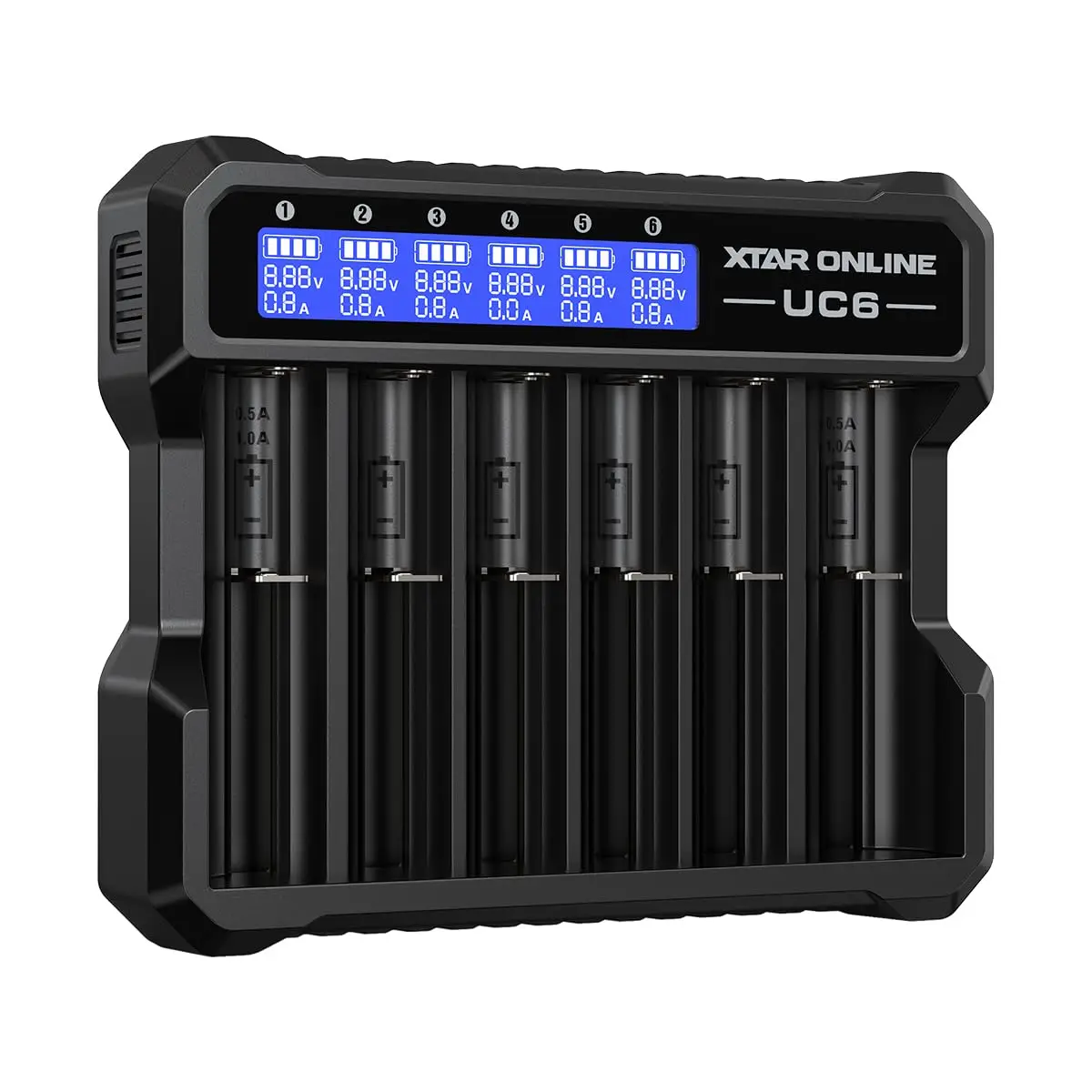 MC6C 6-Slot Unabhängiges Ladegerät mit LCD-Display für Li-Ion Ni-MH USB-C Eingang 0V für 21700 18650 Li-Akku AA AAA Batterie-Aktivierung – Detail 1