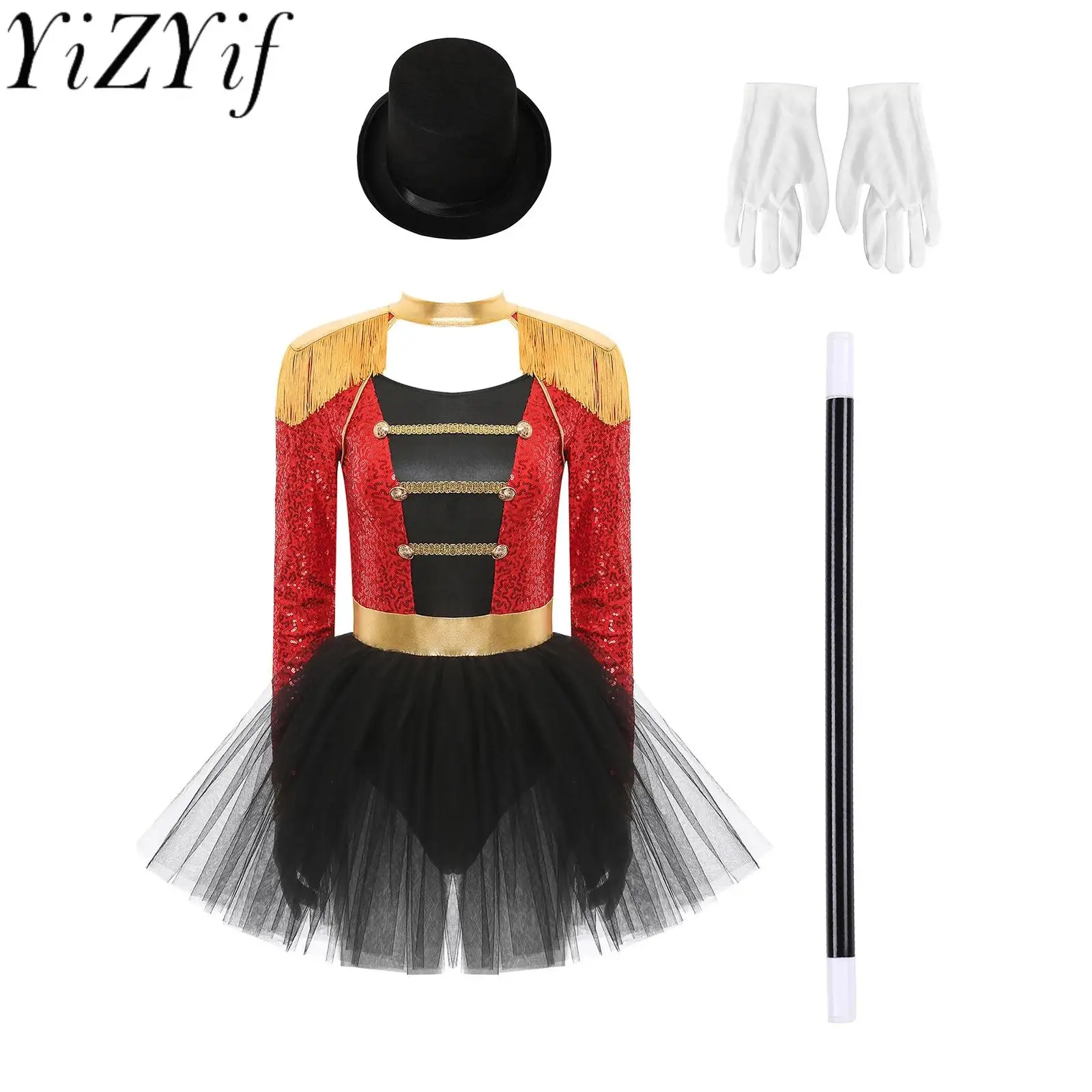 

Women Halloween Circus Magician Carnival Cosplay Uniform Fringes Epaulet Sequins Dress with Bowler Hat Gloves And Wand Set