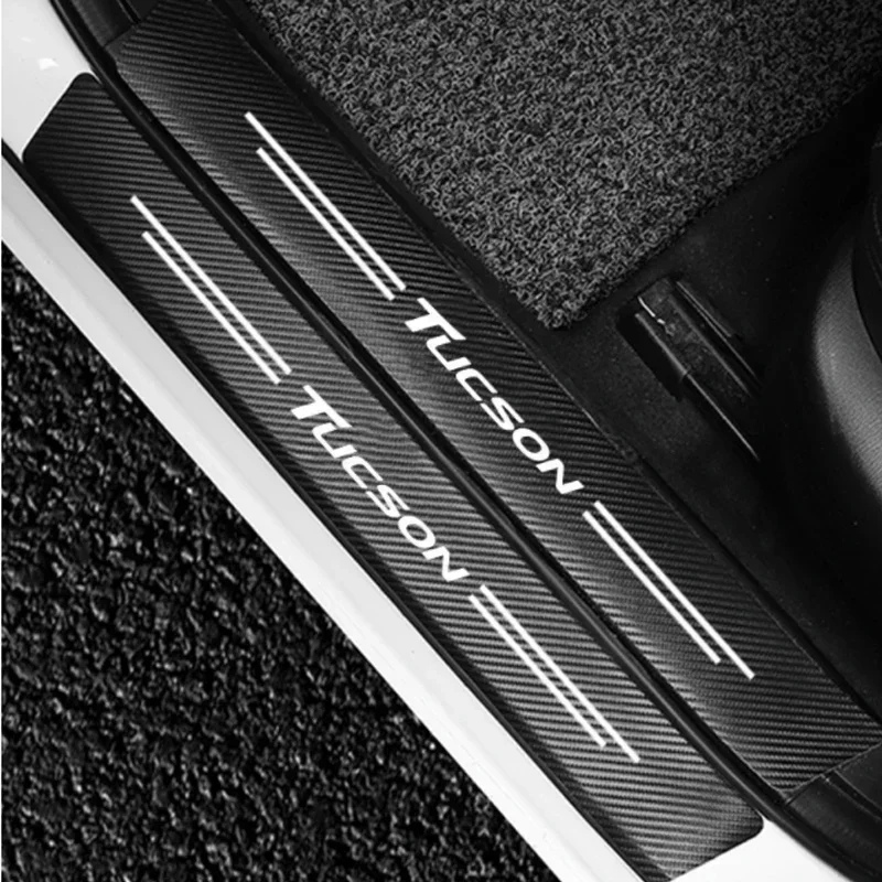 4PCS for Hyundai Tucson Logo Elantra Veloster Kona Carbon Fiber Car Door Sill Protector Scuff Plate Threshold Waterproof Sticker
