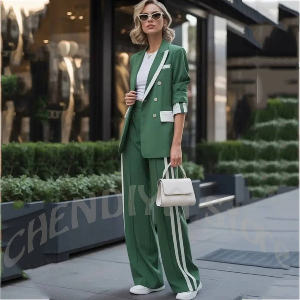 

Fashion Design New Women Suit Straight Fit Double Breasted Blazer With White Trim Contrast Color Pants Daily Smart Casual Outfit