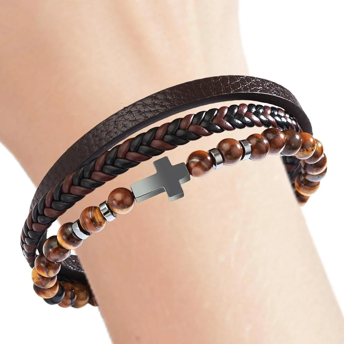 Kreuzarmband für Herren, mehrsträngiger gewebter Armreif, Manschettenarmband oder Geburtstagsgeschenk für Ihn – Detail 4