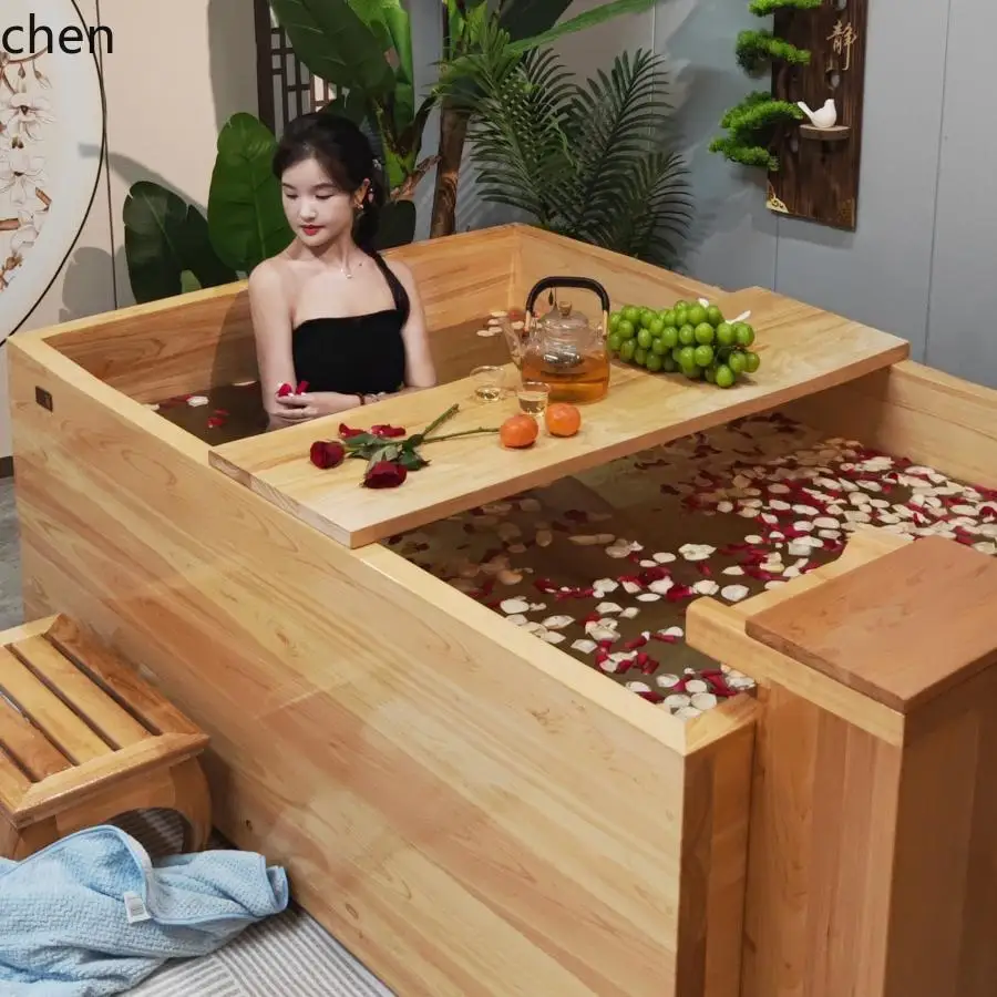 

YXY Bathroom Hinoki Wood Bathtub Soaking Square Tub Bathing Shower