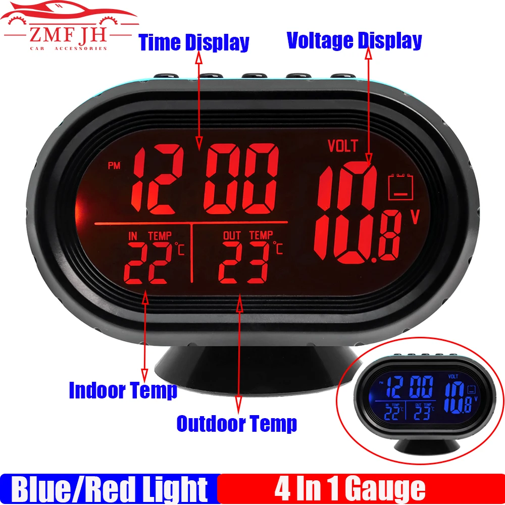 Digital 4 IN 1 Voltmeter+Water Temperature Gauge+Clock Auto Thermometer Electronic Clock Car Night Light Clock Red Blue Green