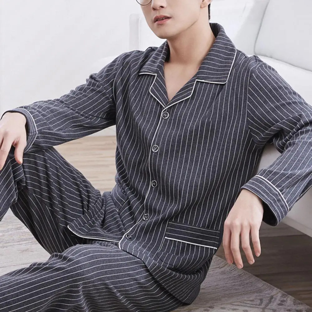 Relaxed Fit Loungewear Set Striped Turn-down Collar Men\'s Pajama Set Comfortable Homewear with Loose Wide Leg Trousers Elastic