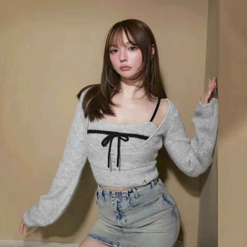 

Японский модный милый вязаный свитер, комплект из двух предметов, милый пуловер с бантом и тонкими бретелями, свитер с длинными рукавами, осенне-зимний женский свитер