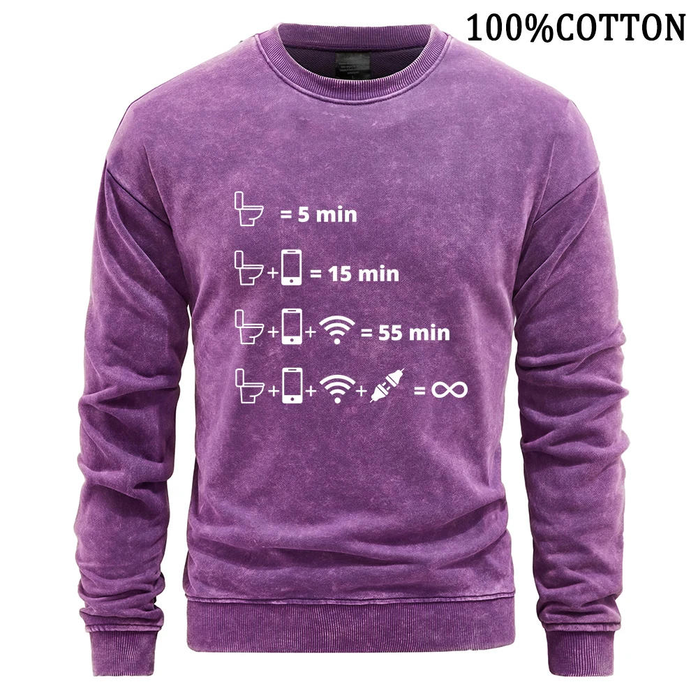 

Man Sweatshirt Retro Washed Cotton Sweatshirts Toilet Phone Wifi Time Pattern Casual Flexible Pullover Fashion Crewneck Tops