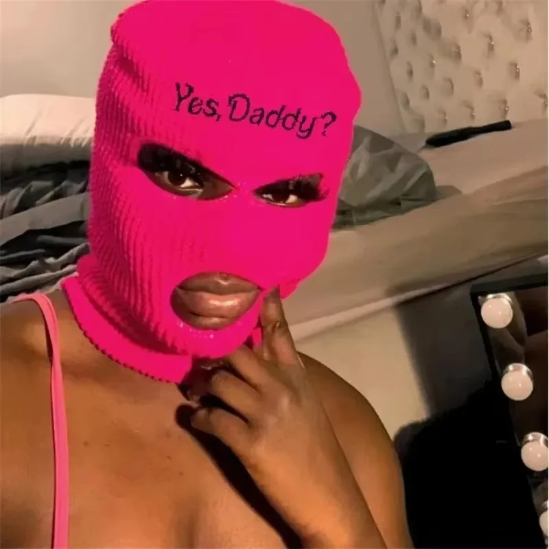 Balaclava Full Face Mask Embroidery Winter Hat for Woman Ski Mask Yes Daddy Warm Knit Full Caps Outdoor Sports Beanies